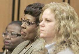 Jacqueline Maiden, center, stands with Rosie Grier, left, and Kathleen Dreamer, during court proceedings, Thursday, Jan. 18, 2007, in Cleveland. Maiden, who was the elections board's third-highest ranking employee, faces six counts of misconduct over how ballots were reviewed in Cuyahoga County in the 2004 presidential election. Grier, manager of the board's ballot department, and Kathleen Dreamer, an assistant manager, face the same charges. (AP Photo/Tony Dejak) (Tony Dejak)